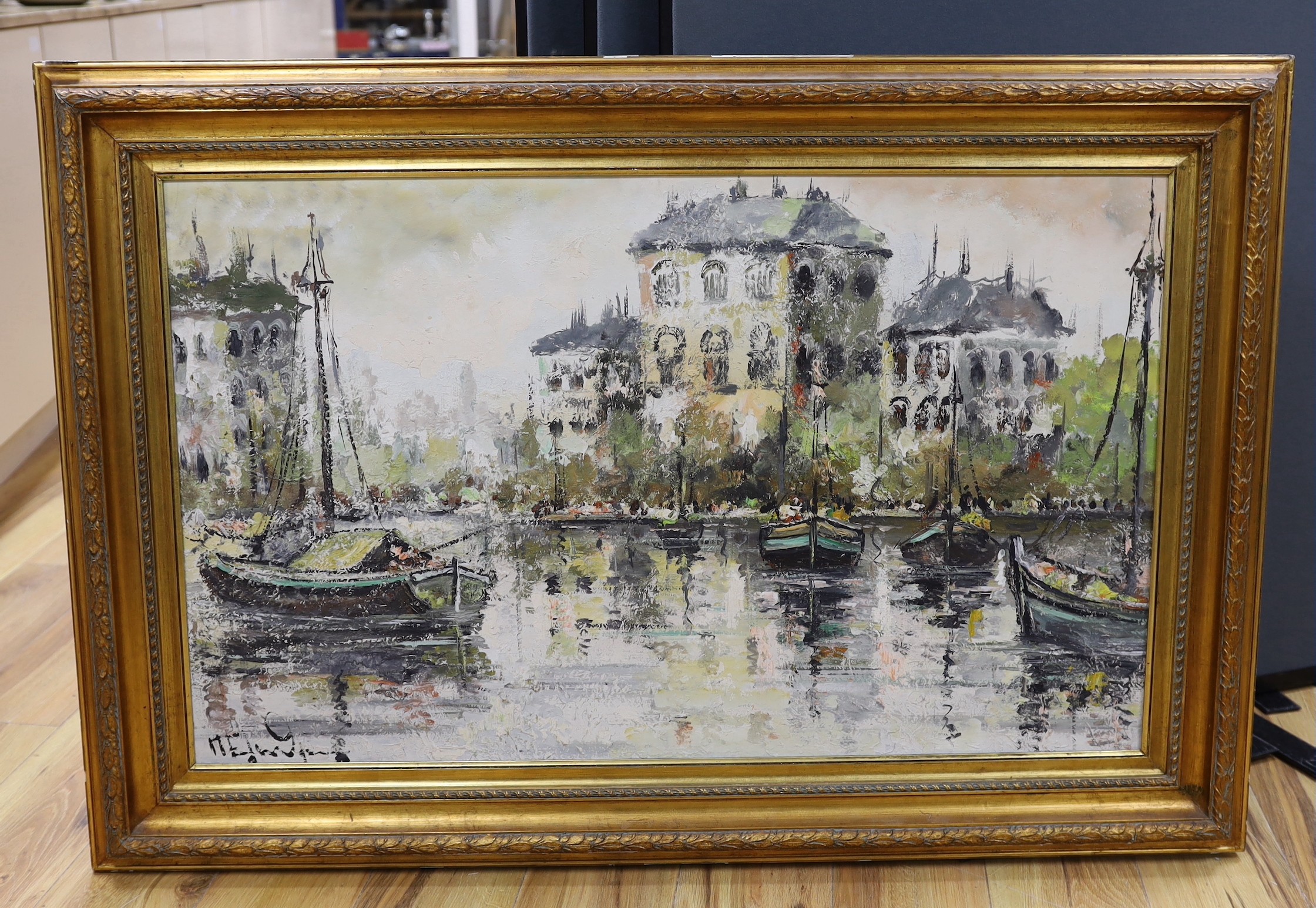 Dutch School, 20th century, oil on board, Amsterdam, signed, 60 x 99cm